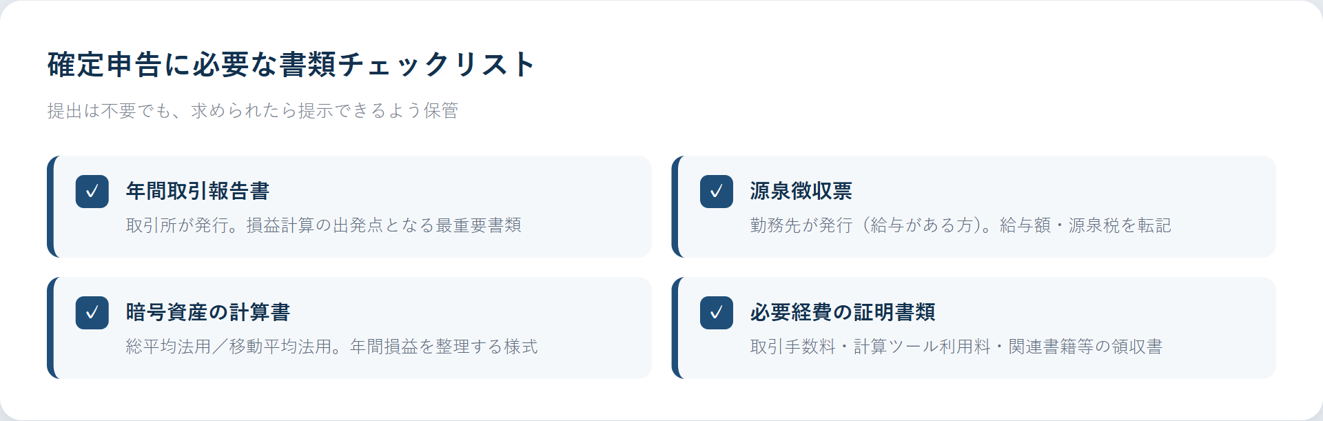 仮想通貨の確定申告に必要な書類チェックリスト（年間取引報告書・源泉徴収票・暗号資産の計算書・経費の領収書）